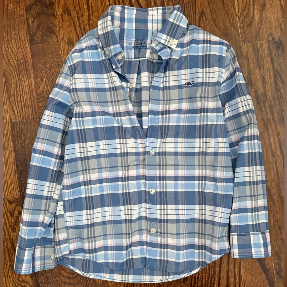 Vineyard Vines Kids Blue and White Plaid Shirt